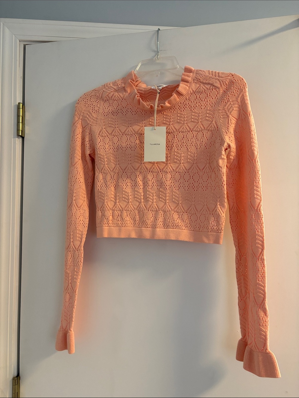 Tularosa Peach Cropped Crochet Knit Ruffle-Neck Sweater XS